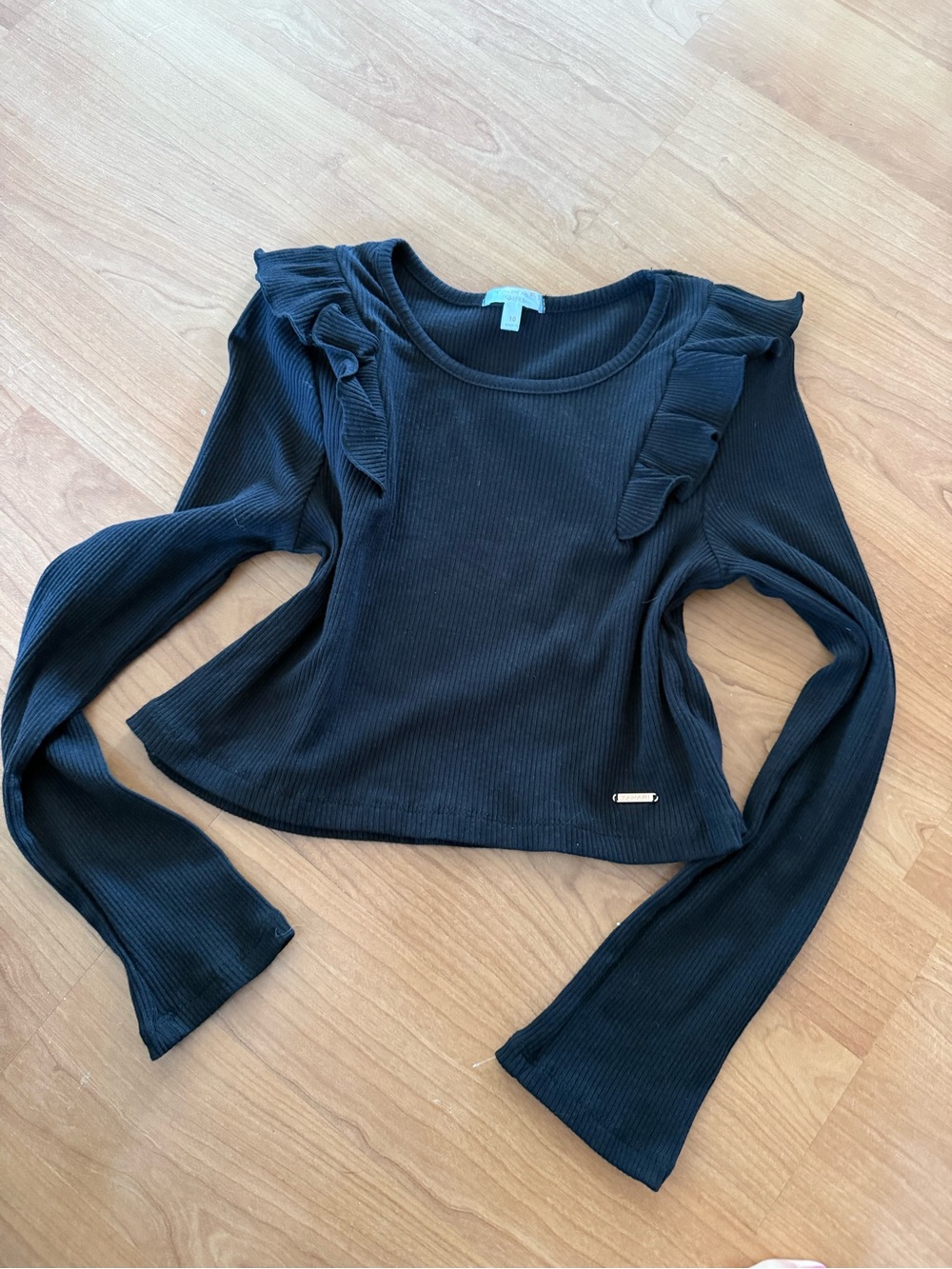 Black Girls Size 10 Black Ruffle-Shoulder Ribbed Long-Sleeve Top